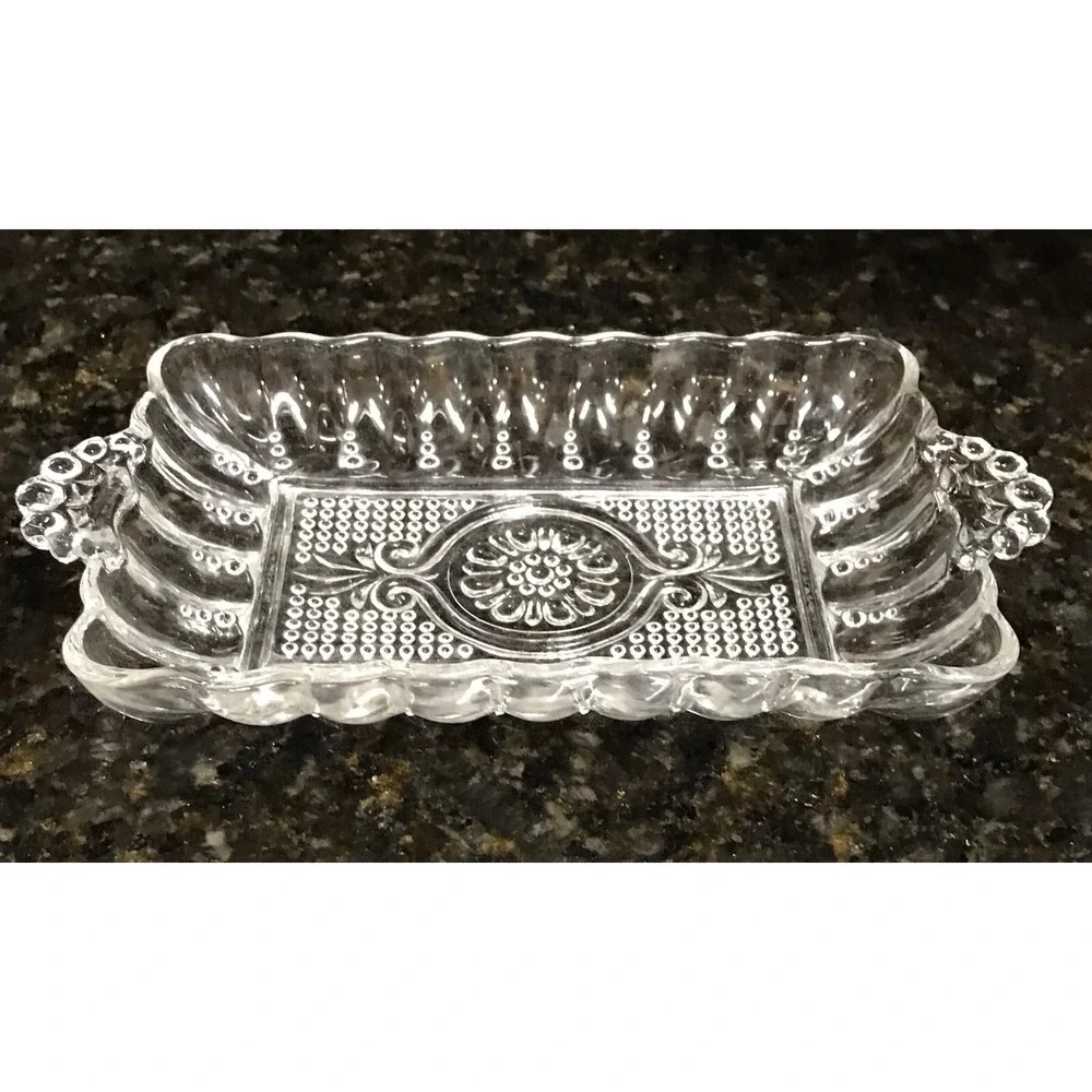 Vintage Anchor Hocking Rectangular‎ Knob Glass Relish Dish Set Trinket Dish